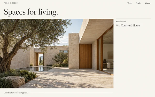 AI-generated architecture website mockup with ivory typography, a courtyard house photograph, and a project index.