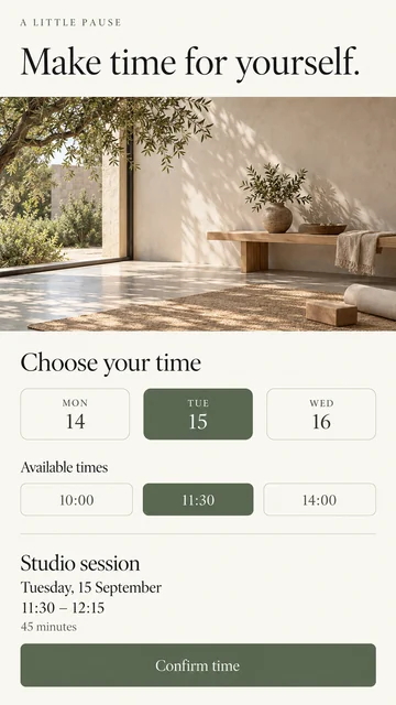 AI-generated mobile booking website mockup with a studio photo, dates, available times, and a confirmation summary.