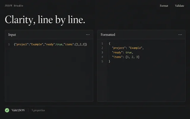 AI-generated JSON utility mockup showing input, formatted output, and validation status in a dark interface.