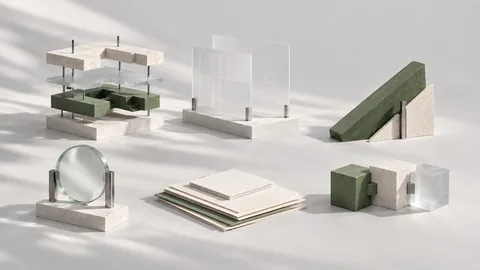 Six architectural objects in paper, glass, and green metal, each representing a way to work with code.