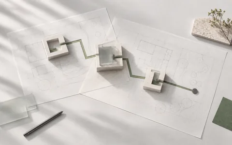 Translucent architectural plans and connected modules viewed from above, with one route marked in green.