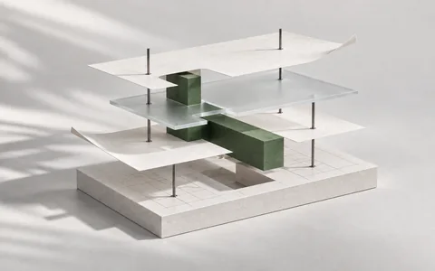 Layered paper sheets and a translucent plane aligned to one precise structural grid.