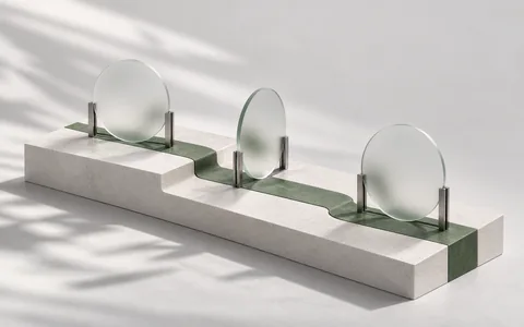 Interchangeable frosted-glass lenses standing along a continuous green path.