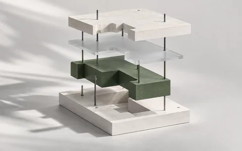 An exploded architectural assembly with a green component aligned to fit between pale structural platforms.